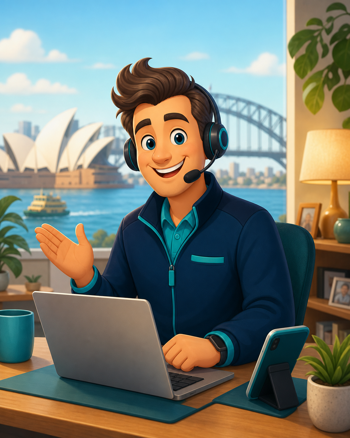 Cartoon illustration of a friendly Australian tech helper wearing a headset in a Sydney workspace